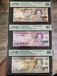 Commemorative Cayman Islands Set 25 50 & 70 Dollar Note 2022 UNC Queen Elizabeth