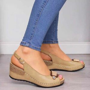 NEW Womens Low Wedge Heel Sandals Ladies Summer Peep Toe Ankle Buckle Shoes Size