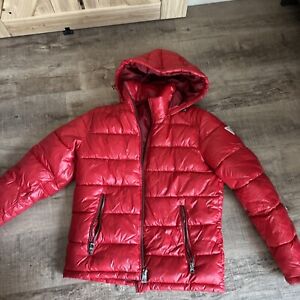 $229 Guess Men's Red Full-Zip Quilted Hooded Down Puffer Coat Jacket Size S