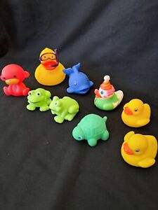 Rubber Bath Toys Mixed Lot of 9 Ducks Frogs Turtle Etc