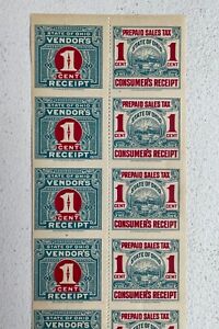 1930's Ohio Vendor's Stamp Sheet - 20 Prepaid Sales Tax Receipt 1 cent Stamps