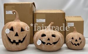 NEW IN BOX Pottery Barn Terracotta Jack O Lantern Pumpkins~SET OF 3~Sm,Med,Lg