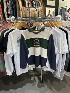 Vintage 90s Tommy Hilfiger Striped Big Embroidered Shield Logo Polo Shirt