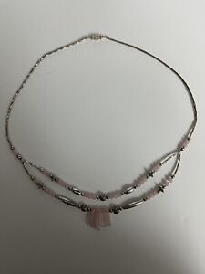 Rose Quartz Double Strand Liquid Silver Tone Necklace~Vintage