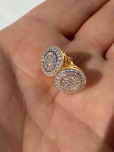 Real Solid 925 Silver Simulated Diamonds Mens Earrings Big Studs 14k Gold Plated