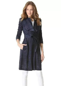 BCBG MAX AZRIA Women's Navy Ried  Suede Perforated Belted Jacket Trench Coat M