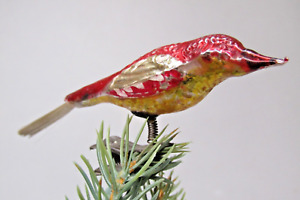 Vintage Glass Clip On Red SONG BIRD Spun Tail Christmas Ornament Germany