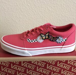 VANS Ward Shoes Girls Size 6 Checkered Stripe Reddish Pink Butterfly Accents NIB