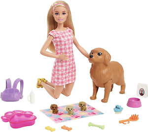 Doll and Accessories Playset with Blonde Doll, Mommy Dog, 3 Puppies and 11 Piece