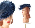 Vintage 1940s 40s Blue Wool Felt Feathered Ostrich Feathers Netting Tilt Hat