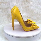 Women's Shoes Pointed Toe High Heels Pump Yellow Bow Studded Stiletto Heels Club