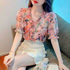 Korean Women Floral Chiffon Ruffle Puff Sleeve Summer Casual T-Shirt Tops Blouse
