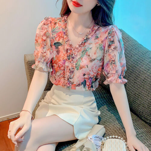 Korean Women Floral Chiffon Ruffle Puff Sleeve Summer Casual T-Shirt Tops Blouse