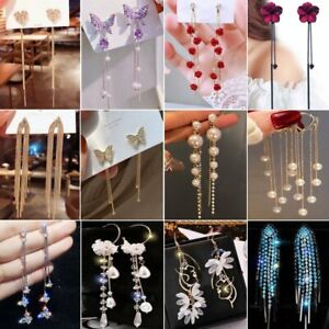 Fashion Long Tassel Zircon Crystal Earrings Stud Pearl Drop Dangle Women Jewelry