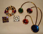 Vintage Gold Tone Faceted Stone Rhinestone Multicolor Retro Brooch Pin Earrings