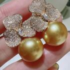 HUGE AAAA 11-10mm real natural Round Golden South Sea Pearl Earrings 925s