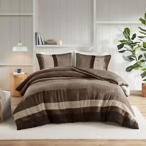Luxury 3 Piece Stripe Faux Suede Fluffy Full Queen King Size Comforter Set New