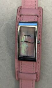 Women Fossil F2 Watch Es9859 Pink Leather Band Silver Steel Case Mother of Pearl