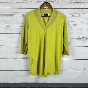Fenini Shirt Womens Large Green Yellow Textured Boxy Artsy USA Stretch