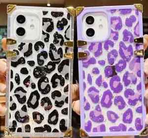 Leopard Square Case Cover Glitter for iPhone 14 15 Pro Max 13 12 11 8 Plus XR