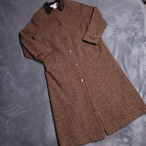 Vtg 80s LL Bean Trench Coat Brown Tweed Wool Size Small Leather Trim Made USA