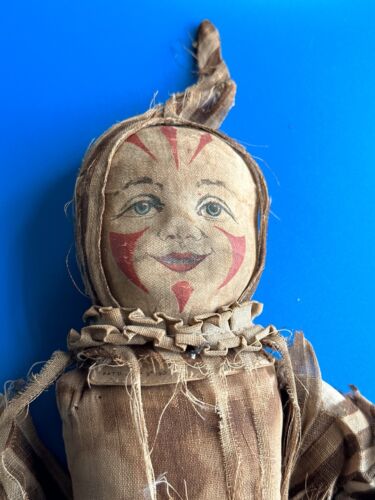 Unusual Antique 19C Cloth Clown Printed Face Doll Sawdust Body