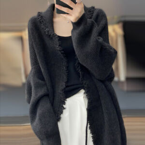 Women Cashmere Long Trench Coat Loose Fit Batwing Sleeve Tassel Wool Overcoat