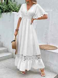 Elegant Solid White Long Dress Women's Clothing Short Sleeves Dresses High Waist