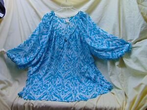 Women's Size 4X Turquoise & White Patterned Poly Peasant Style Blouse-Faded Glor