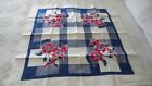 Antique Small COTTON PRINT TABLECLOTH, Blue & Red Floral Plaid 33