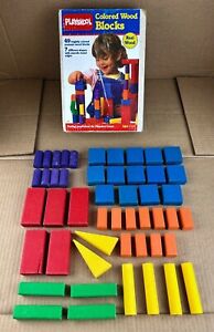 Vintage 1986 Playskool Colored Real Wood Building Blocks Toy 49 Pieces Set & Box