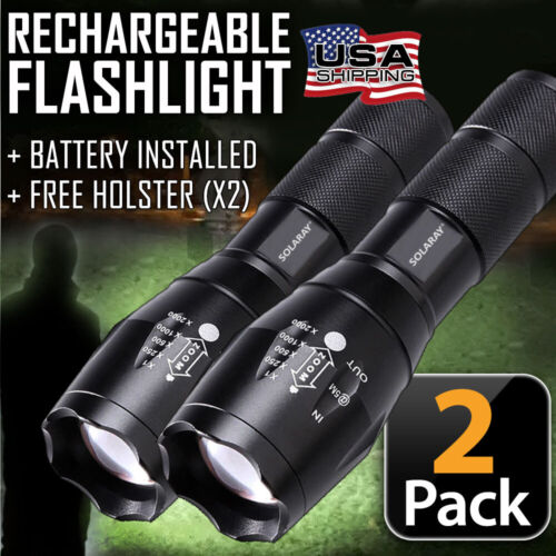 Super Bright LED Tactical Flashlight Rechargeable Work Light w/ Holster (2-PACK)