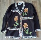 Storybook Knits Women's Black Cardigan sweater Sequins Garden Lilies Large