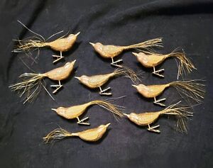 9 Vintage Germany Clip on Gold Bird Christmas Ornament Blown Glass Tinsel Tail