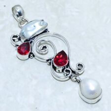 Biwa Pearl, Garnet Gemstone Handmade Ethnic Silver Jewelry Pendant 3.1