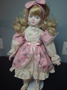 New ListingVintage Porcelain Doll Blond Curly Hair with Bow and pink Lace Dress