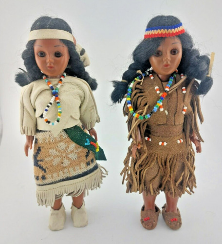 2 60's Cherokee Indian Native American Dolls Handmade Leather Sleepy Eyes 7.5”
