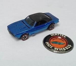 Vintage Hot Wheels Redline 1967 Custom Camaro Blue Black Roof & Metal Button