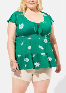 NWT Torrid 1 Green Floral Super Soft Tie Front Keyhole Babydoll Top, 1X 14 16