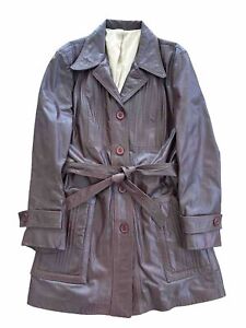 VTG Brown Genuine Leather Belted Trench Coat Jacket Satin Lined Womens Medium