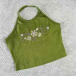 Vintage retro Y2K green boho halter neck babydoll tank top crop womens L floral