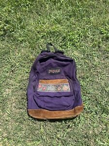 Vtg Jansport Leather Suede Backpack USA Purple Floral Embroidered Daypack 1990s