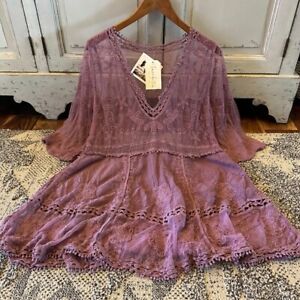 XL New Lilac Lace Crochet Boho Folk Tunic Blouse Top Cover-Up Womens X-LARGE OS