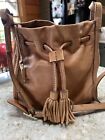 Vintage Fossil Claire Cross Body Camel Bucket Bag Magnetic Tassels Leather Key