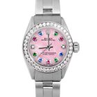 Rolex Ladies Oyster Perpetual Pink Mother Of Pearl Rainbow Dial Diamond Bezel