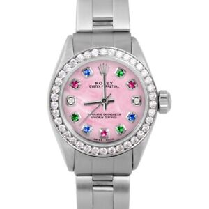 Rolex Ladies Oyster Perpetual Pink Mother Of Pearl Rainbow Dial Diamond Bezel