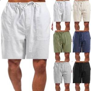 Men Cotton Linen Elastic Waist Shorts Drawstring Summer Beach Casual Short Pants