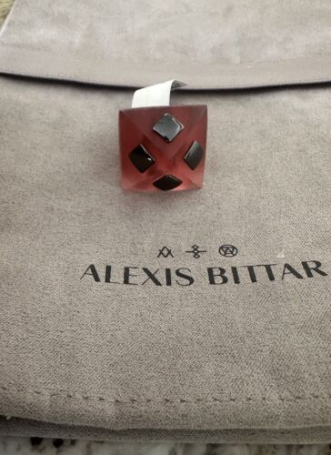 100% Authentic Alexis Bittar Lucite Gunmetal Pyramid Studded Ring