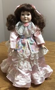 Vintage 16” Doll on Stand Pink Party Dress Brunette Porcelain Doll Unbranded