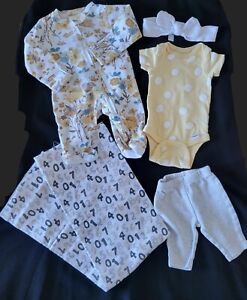 Lot Of 2 Precious Newborn Girls Outfits 5 Pieces w/ Blanket & Bow ~ Yellow Polka